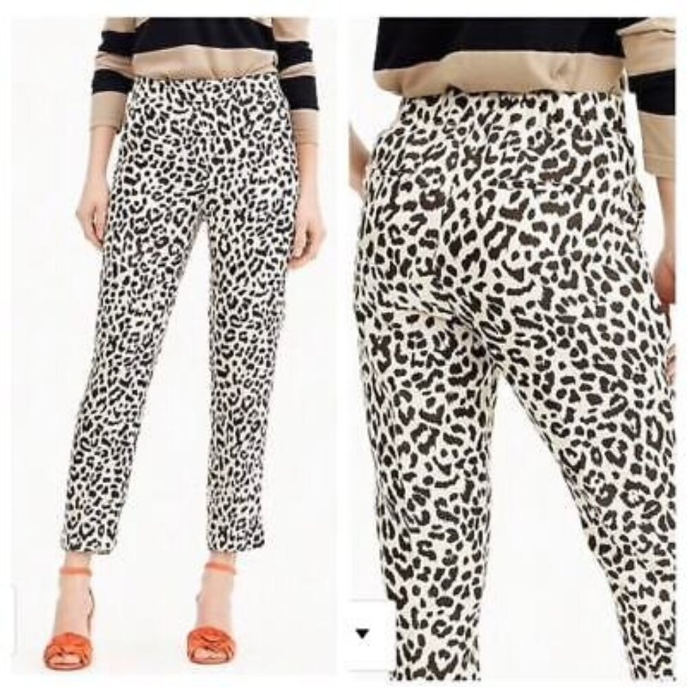J. Crew White Brown Leopard Animal Print Linen Blend Straight Ankle Pants Sz 8
